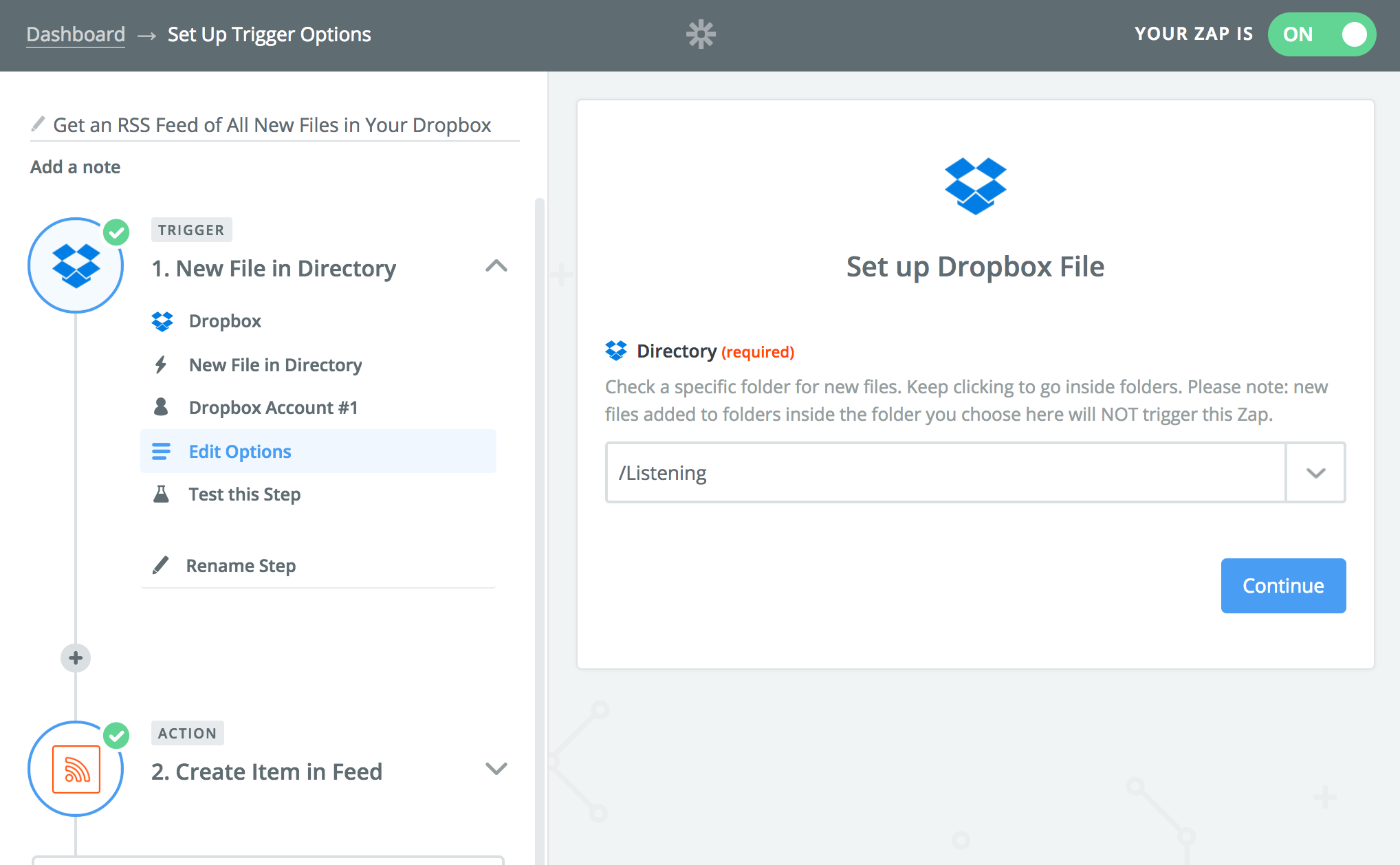 Dropbox trigger options: Directory is /Listening