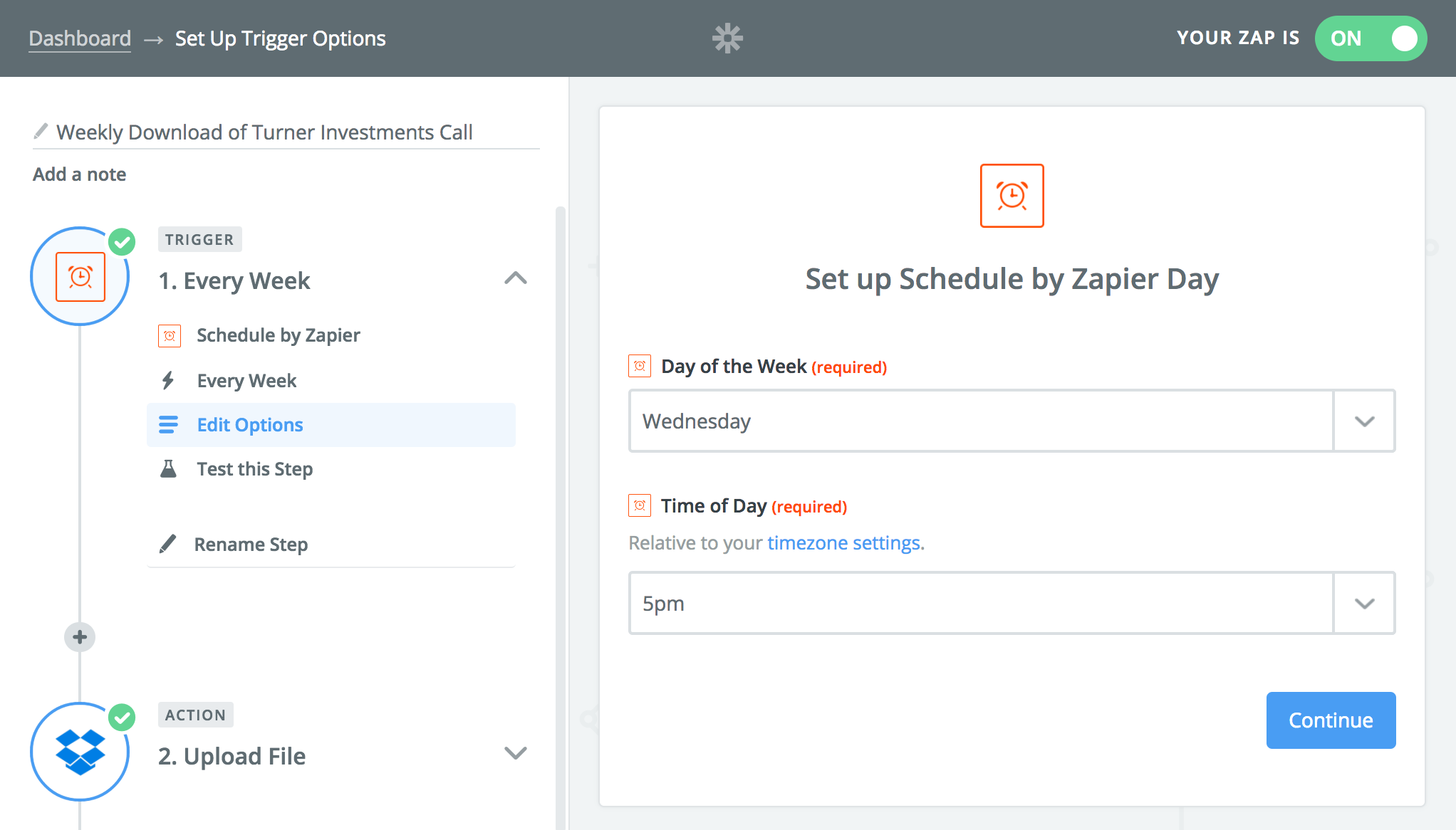 Zapier trigger options: Every Week, Day of Week is Wednesday, Time of Day is 5pm.